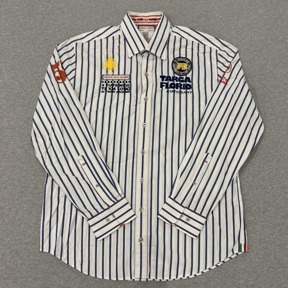 State Of Art Targa Florio Button Down Shirt Men's Size XL White Blue Striped